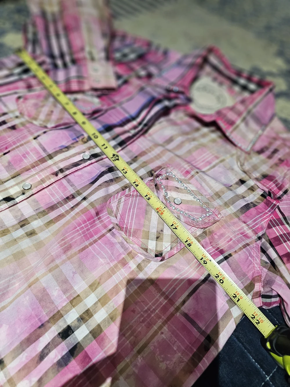 Women's Wester Cut Pink Plaid Pearl Snap-Front Shirt Dress With Crystal Accents - Picture 8 of 10